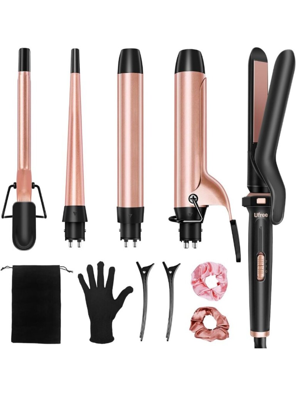 5-in-1 Curling Iron Set & Flat Iron, Ceramic Barrels 0.35"-1.25", Versatile